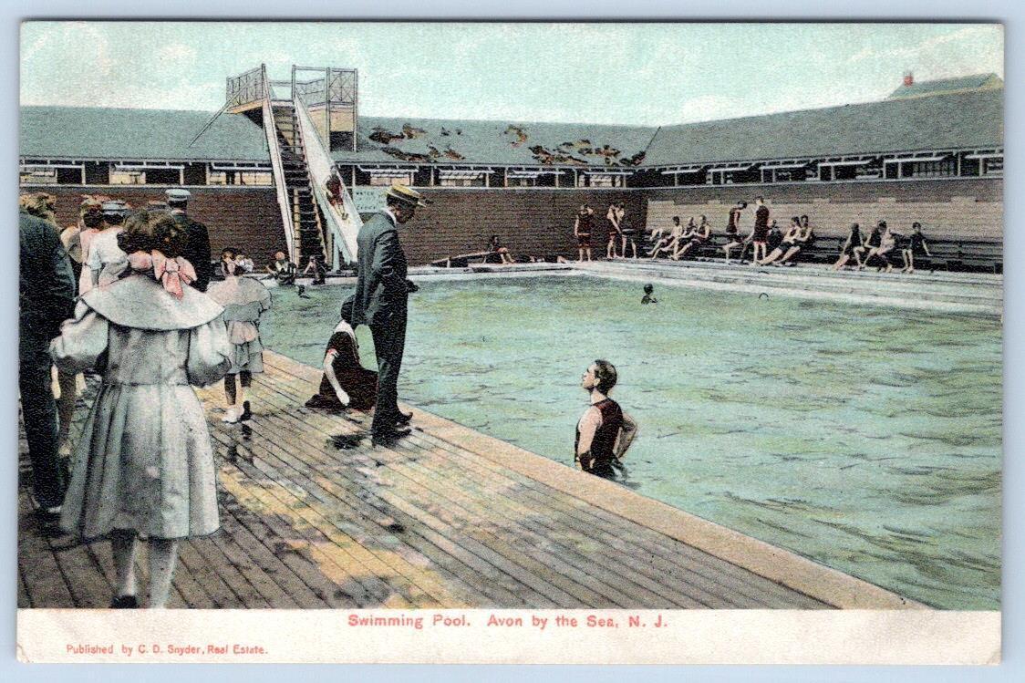1910-20's AVON BY THE SEA SWIMMING POOL PUBL C. D. SNYDER REAL ESTATE POSTCARD