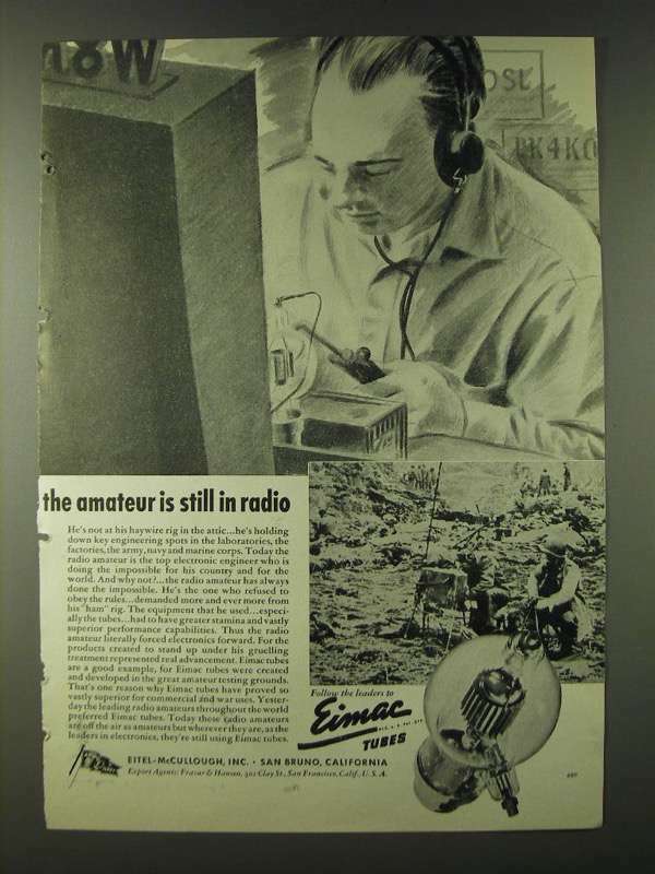 1943 Eimac Tubes Ad - the amateur is still in radio