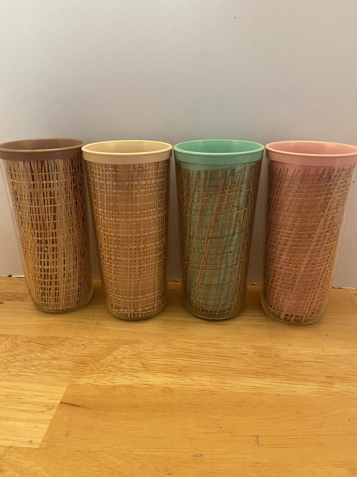 Vintage Insulated Plastic And Rattan Tumblers, Set Of 4