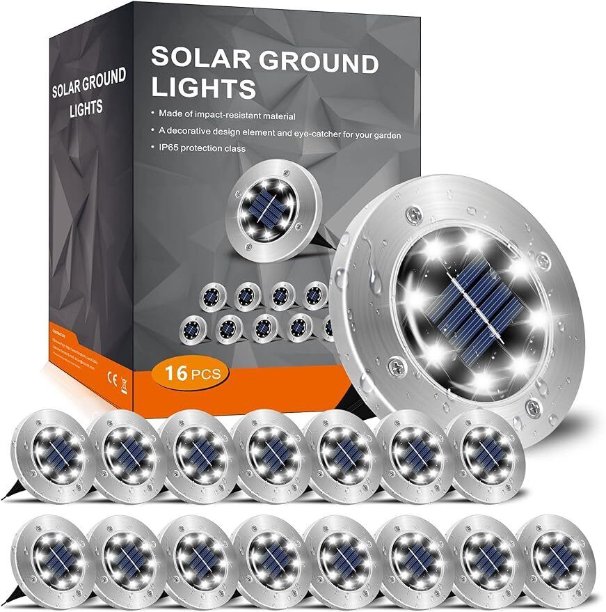 Solar Ground Lights,16 Packs 8 LED Garden Solar Powered Disk Lights Waterproof 