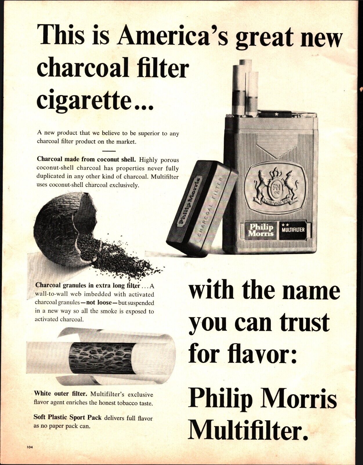 1964 Philip Morris Vintage Print Ad Cigarettes Filters Charcoal Coconut Shells