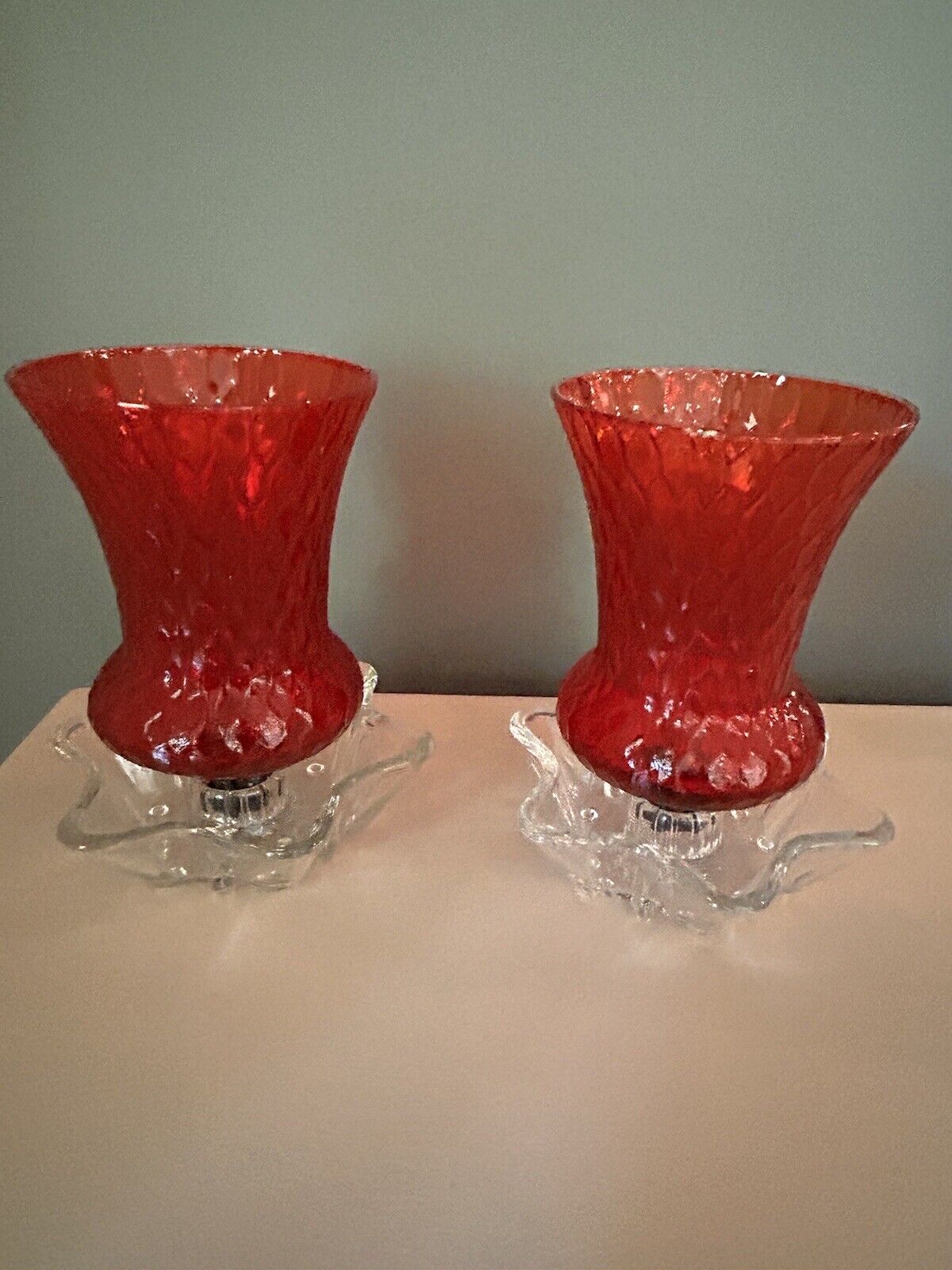 Set of 2 Vintage Red Glass Diamond Pattern Peg Votive Holders With Glass Base