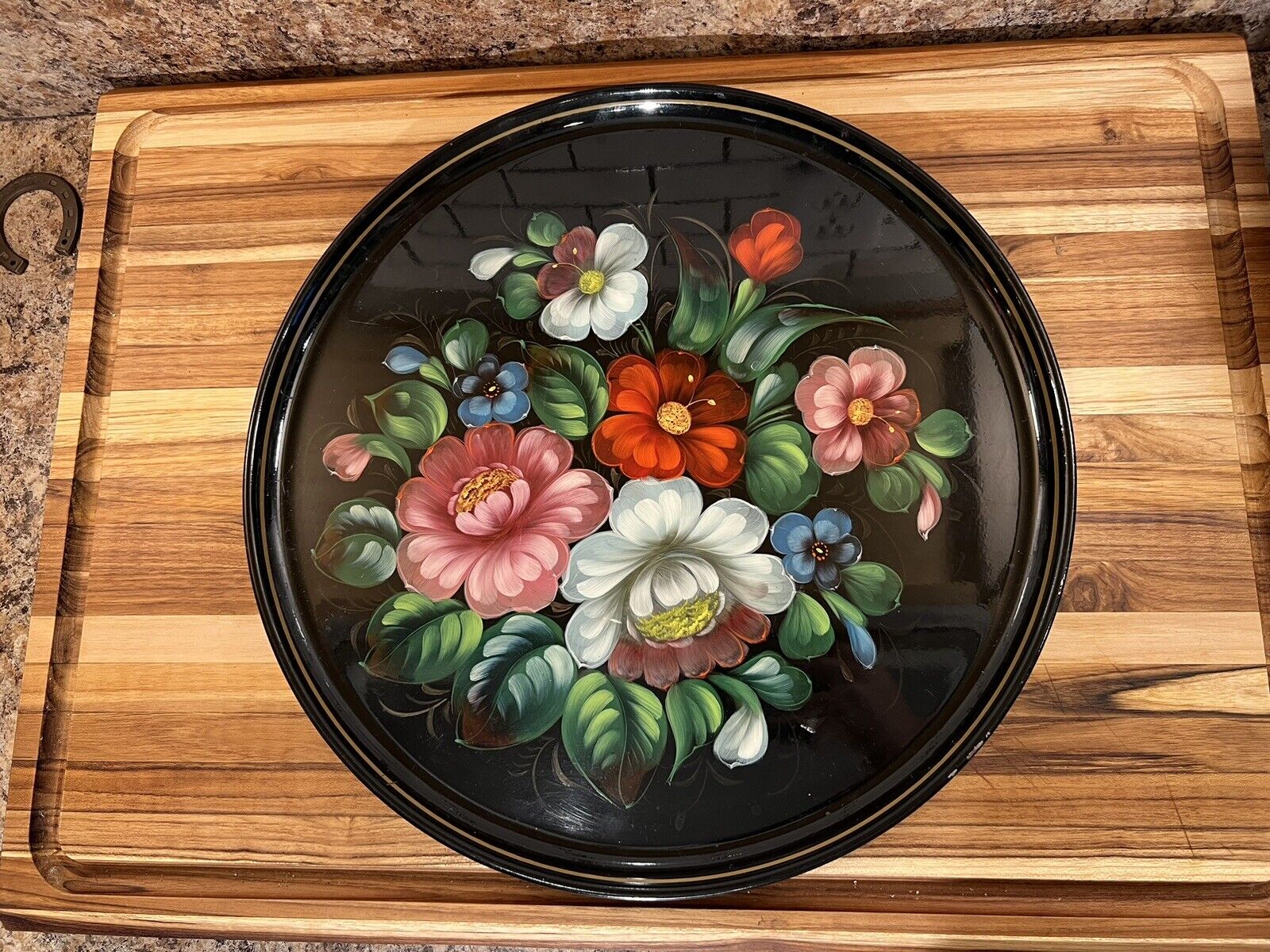 Vintage Black Metal Hand Painted Russian Tin Plate 14.5”