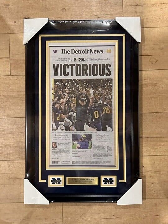 Michigan Wolverines 2024 CFP Detroit Free Press Newspaper front page Framed
