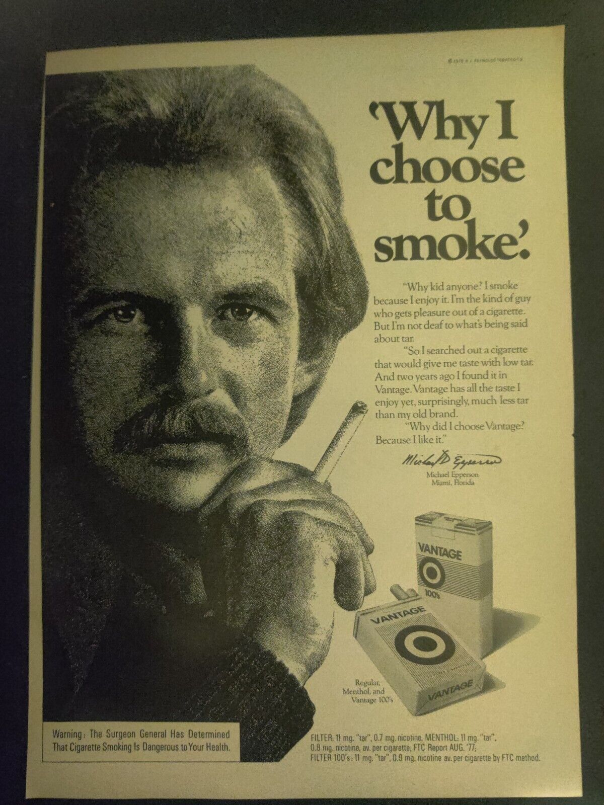 Vantage Cigarettes Michael Epperson 1978 Vintage Print Ad