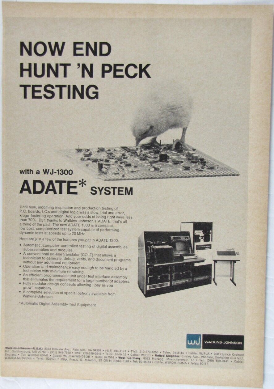 Vintage 1974 Watkins Johnson ADATE 1300 Computer Print Ad