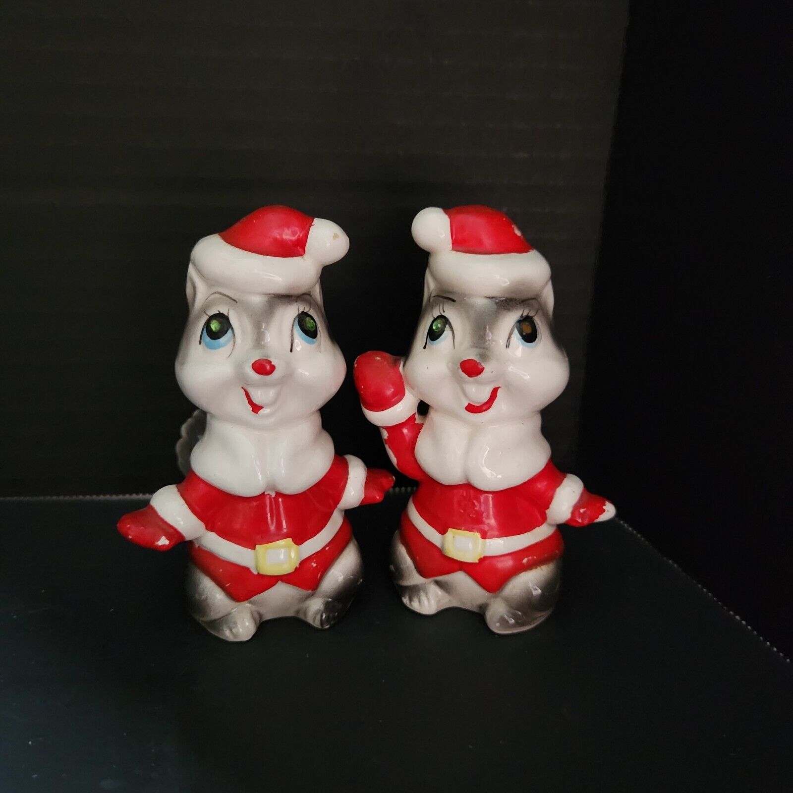 1960s Christmas Squirrel/Chipmunk Santas Salt Pepper Shakers Green Jeweled Eyes