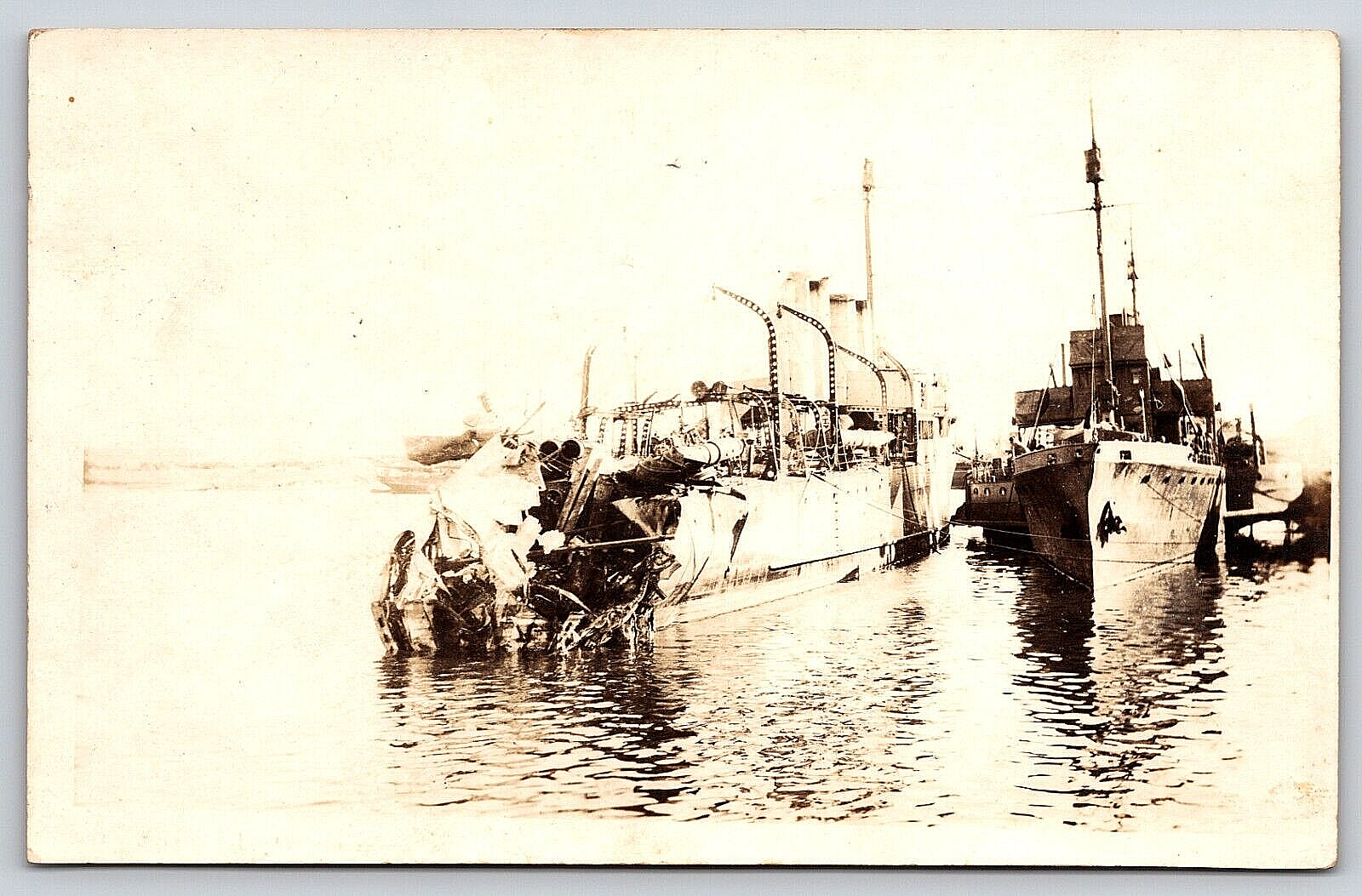 Original RPPC, World War 1 Ships In Port, Badly Damaged Stern, Vintage Postcard