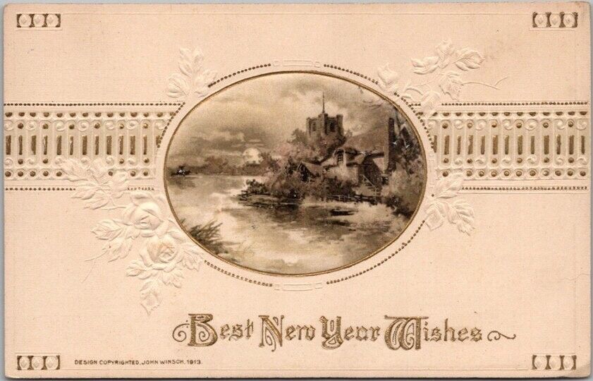 Vintage WINSCH HAPPY NEW YEAR Greetings Postcard Winter Church Scene 1914 Cancel