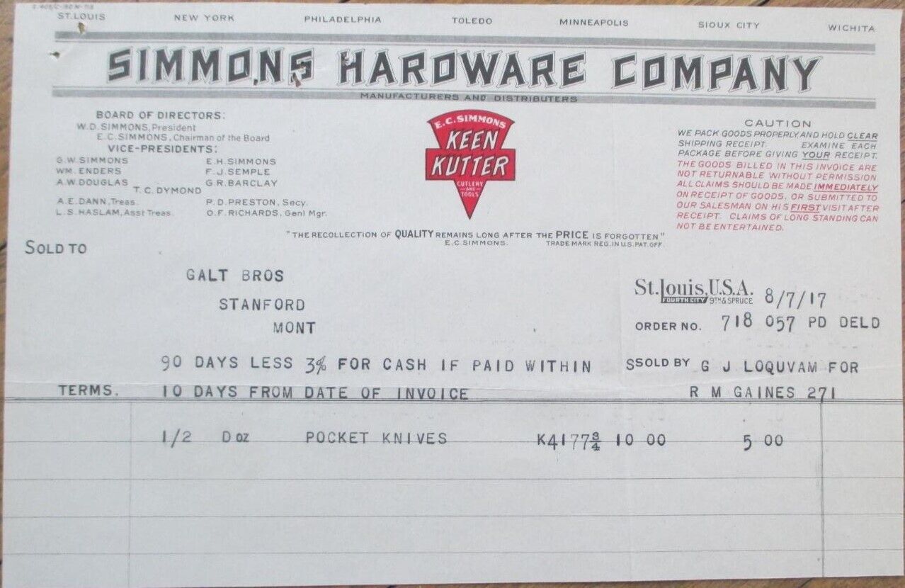 St. Louis, MO 1917 Color Letterhead Simmons Hardware Keen Kutter to Stanford, MT