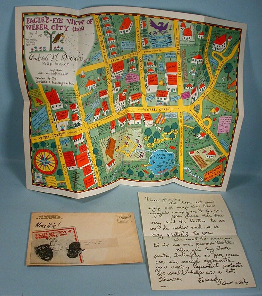 1935 Amos n Andy Weber City Map Pepsodent Mail Premium with Envelope & Letter