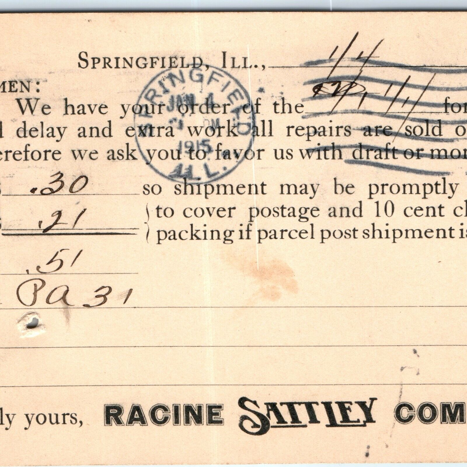 1915 Racine Sattley Repair Invoice Receipt Postcard Letterhead Springfield A59