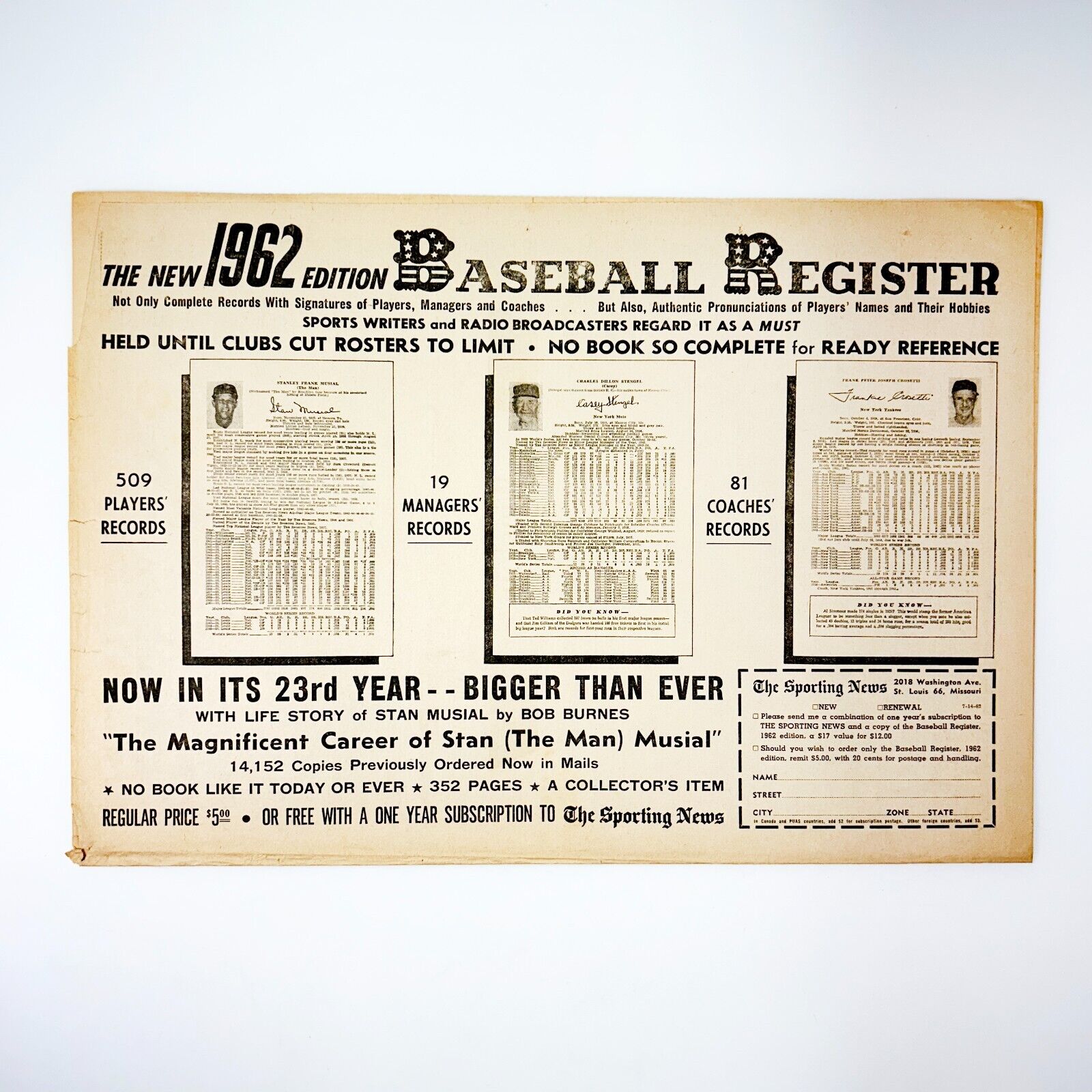 Stan Musial Casey Stengel Frank Crosetti 1962 Baseball Register Advertisement