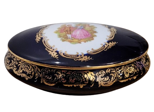 Limoges Castel France Cobalt Blue Porcelain Oval Trinket Box 22k Gold