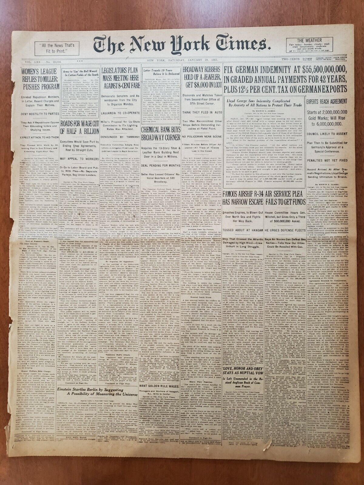 1921 JANUARY 29 NEW YORK TIMES - CHEMICAL BANK BUYS BROADWAY CORNER - NT 8098