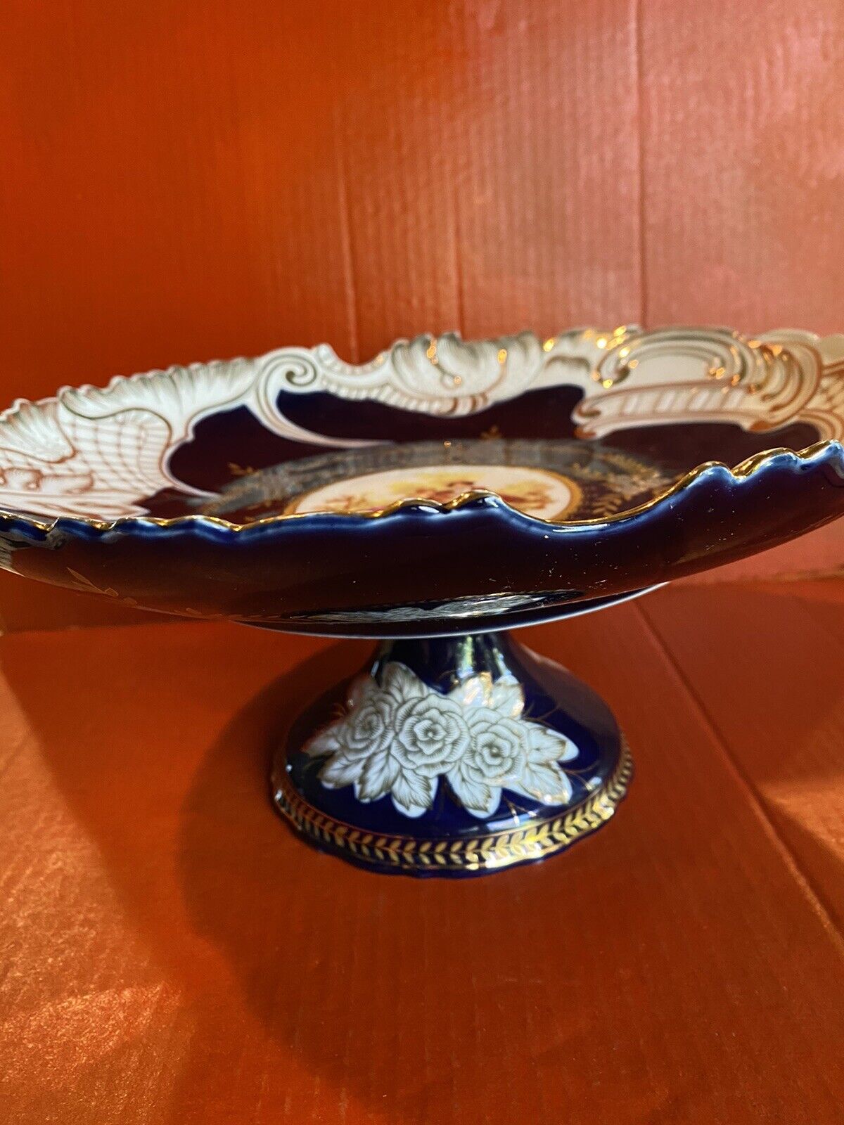 Royal Scotland  Fruit Pedestal Plate Gilded Cobalt Porcelain Footed Centerpiece