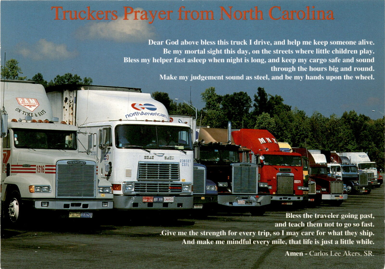 Transportation, truck drivers, Truckers Prayer, North Carolina, safety, postcard
