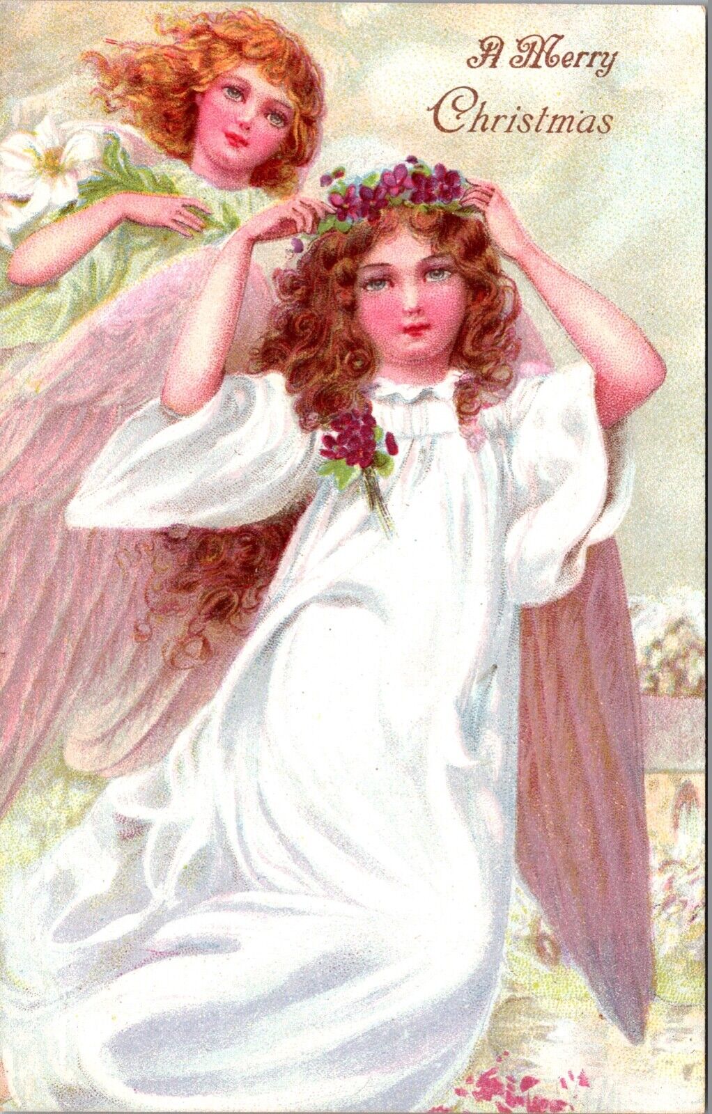 Christmas Postcard Two Angel Girls with Flowers~1106
