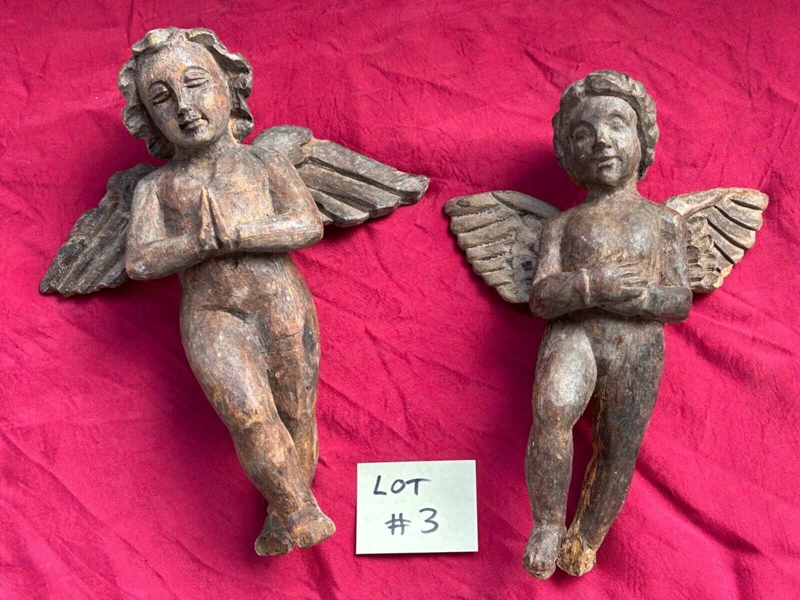 Antique Carved Wood Cherub Santos PAIR Angels Putti LOT #3