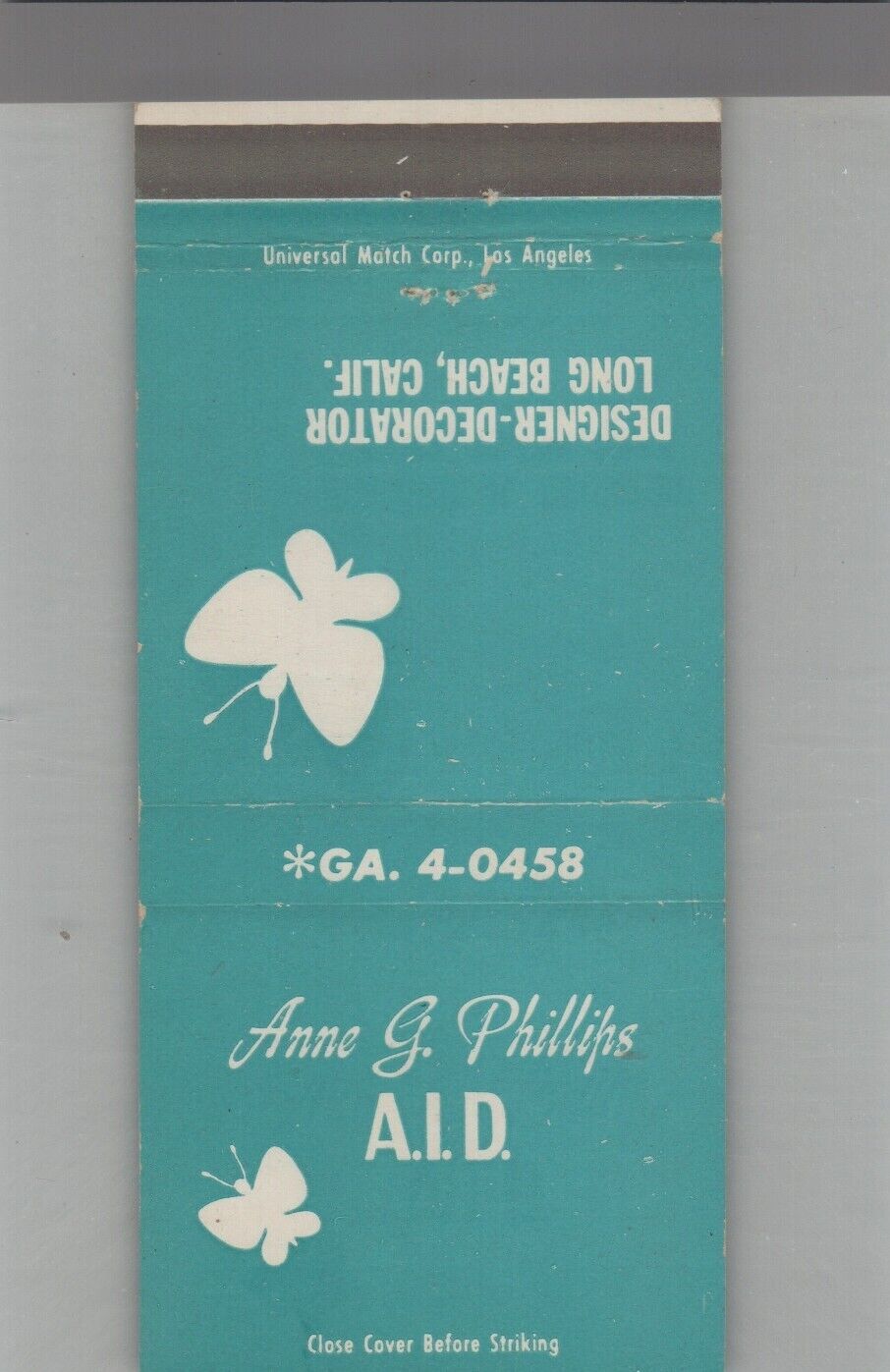 Matchbook Cover Anne G. Phillips A.I.D. Designer - Decorator Long Beach, CA