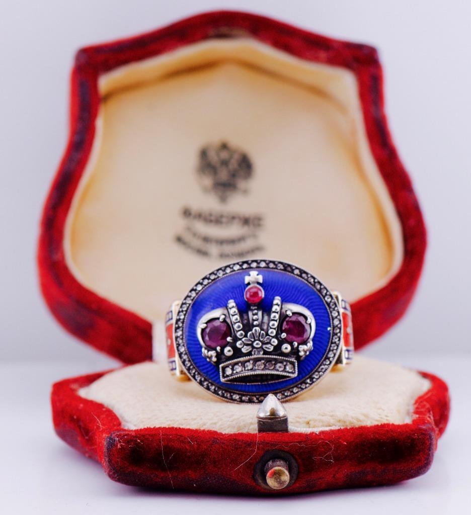 Antique Royal Presentation Mens Ring 14k Gold Diamond Ruby Enamel-Award by King