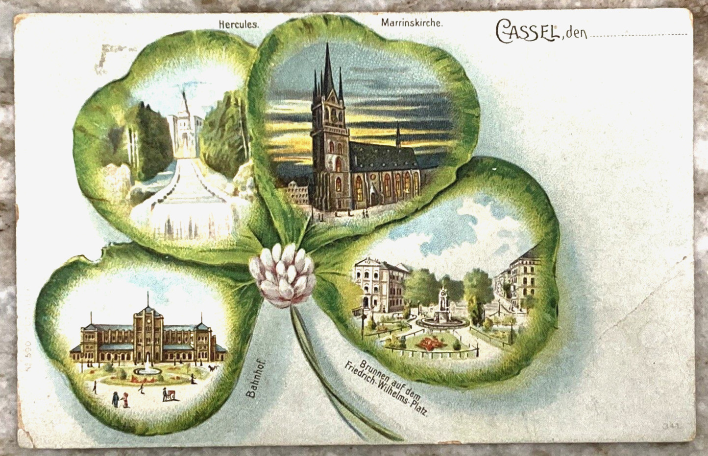 Cassel Germany Four Leaf Clover Marrinskriche Bahnhof Hercules Postcard 2406