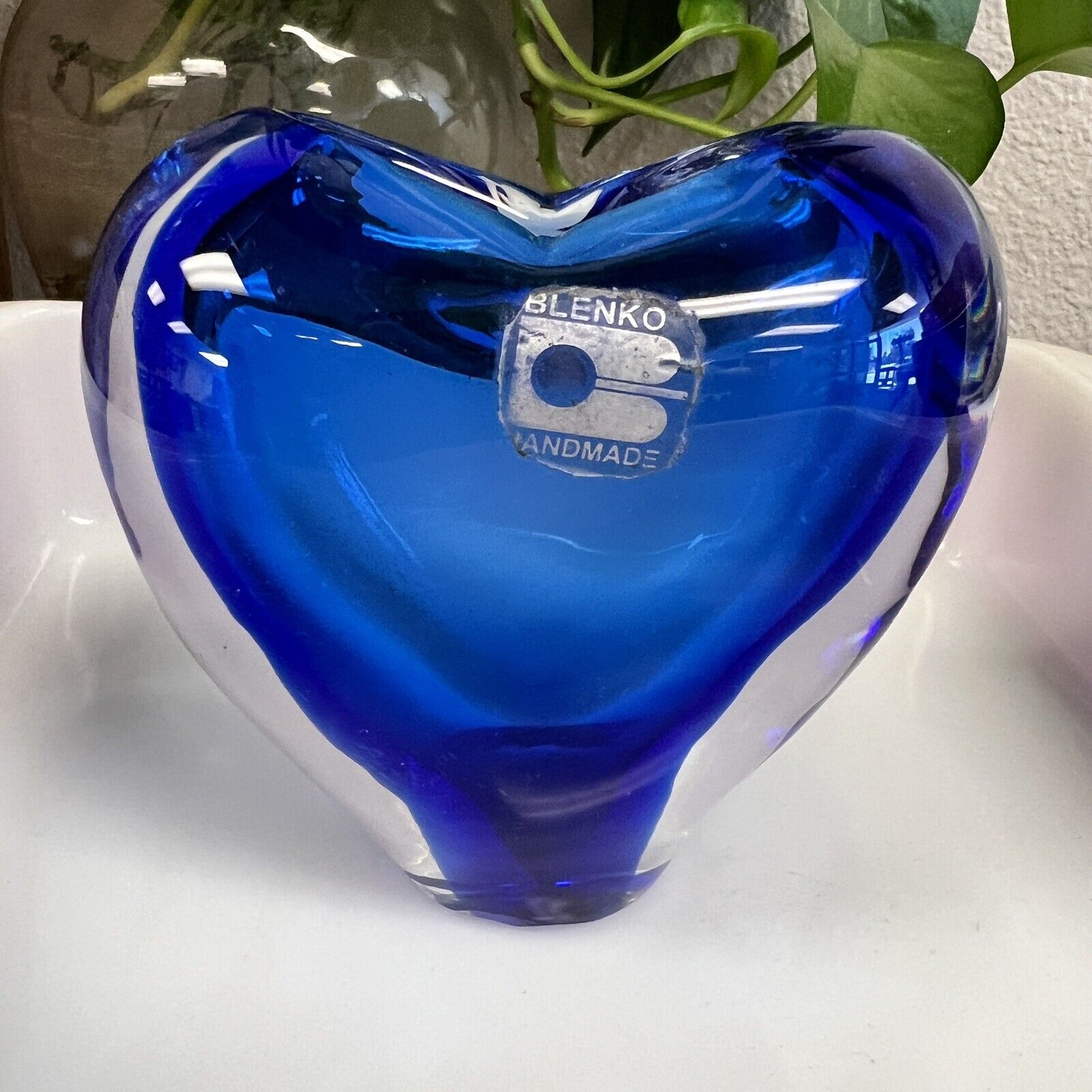 Blenko Cobalt Blue Heart Bud Vase Hand Blown Glass with Original Sticker