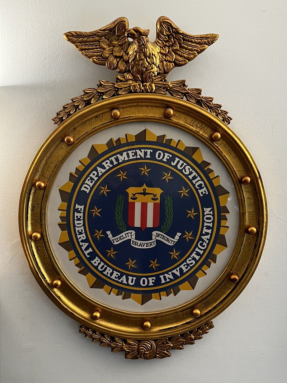 Vintage FBI Federal Gilt Wood Seal Emblem Plaque Sign Gauthier Hoover Era 29x22