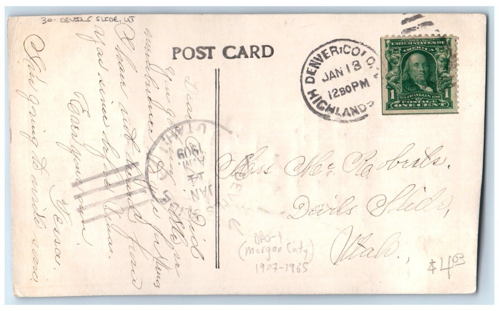 1909 Greetings From Denver Colorado CO Devils Slide UT DPO Antique Postcard