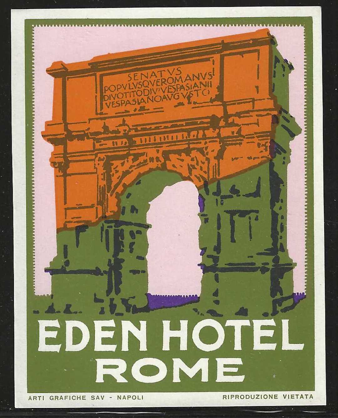 Eden Hotel, Rome, Italy, Hotel Label, Unused, Size: 100 mm x 78 mm