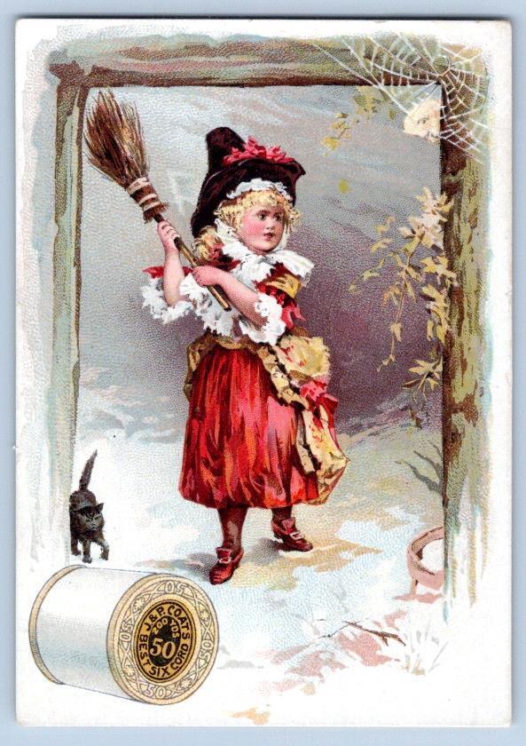 1890\'s HALLOWEEN WITCH BLACK CAT SPIDER WEB BROOM J&P COAT\'S THREAD TRADE CARD