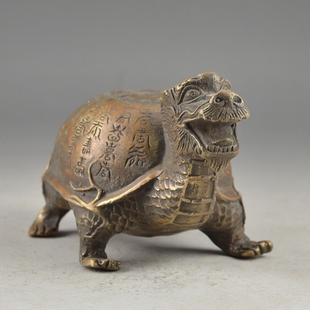 OLD HAMMERED STATUE DECORATED GOOD LUCKY CHINESE BRASS TORTOISE SUPERB HANDWORK