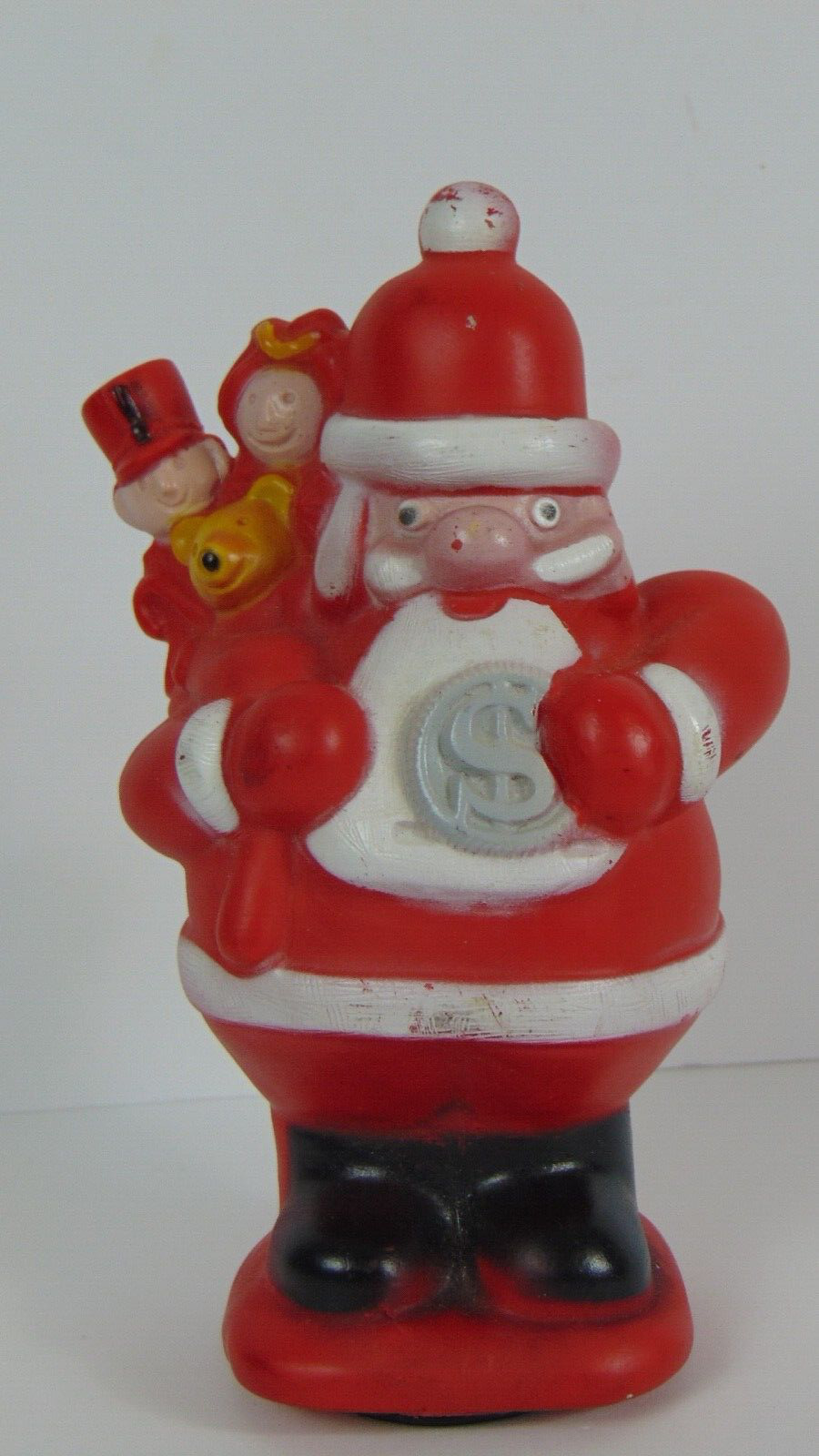 Christmas Santa Claus Piggy Bank Club Rubber A Corp NY Coin Plug 6” 1972 Vintage