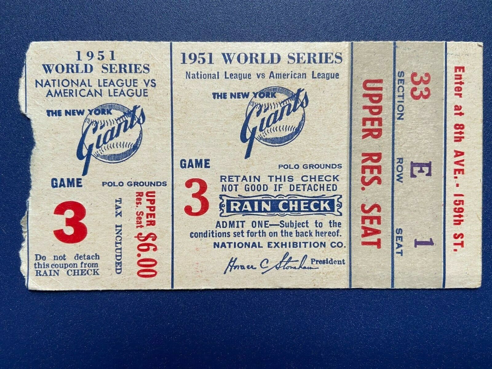 1951 World Series Game 3 New York Yankees at New York Giants Ticket Stub 