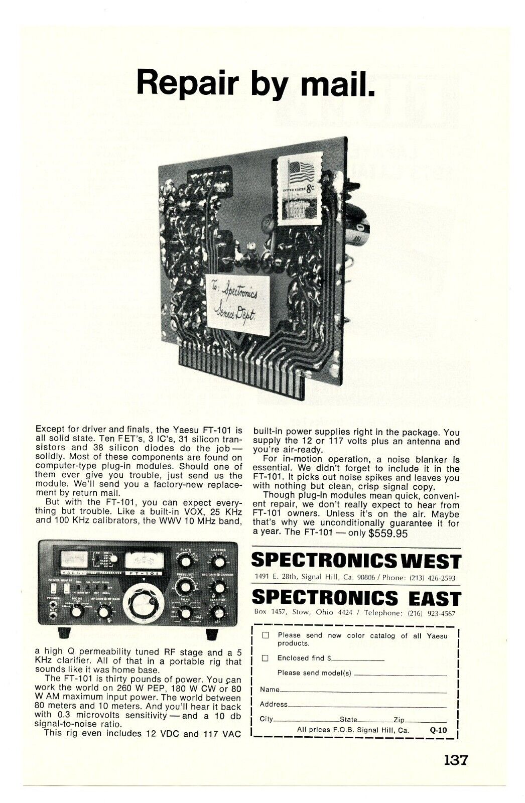 QST Ham Radio Mag. Ad YAESU Model FT-101 Transceiver (11/72)