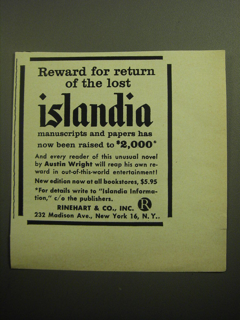 1958 Rinehart & Co. Book Advertisement - Reward for return of the lost Islandia