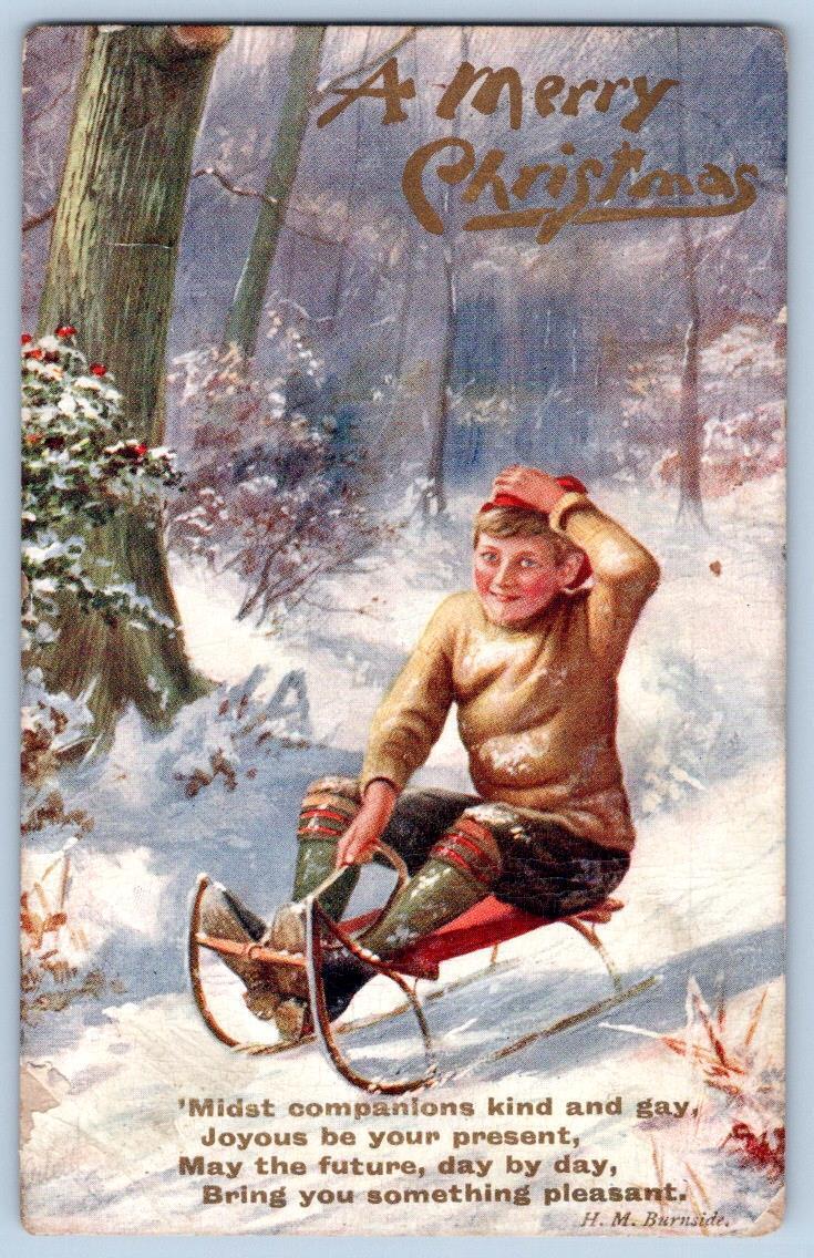 1910 MERRY CHRISTMAS TUCK\'S OILETTE BOY ON SLED BURNSIDE POEM ANTIQUE POSTCARD