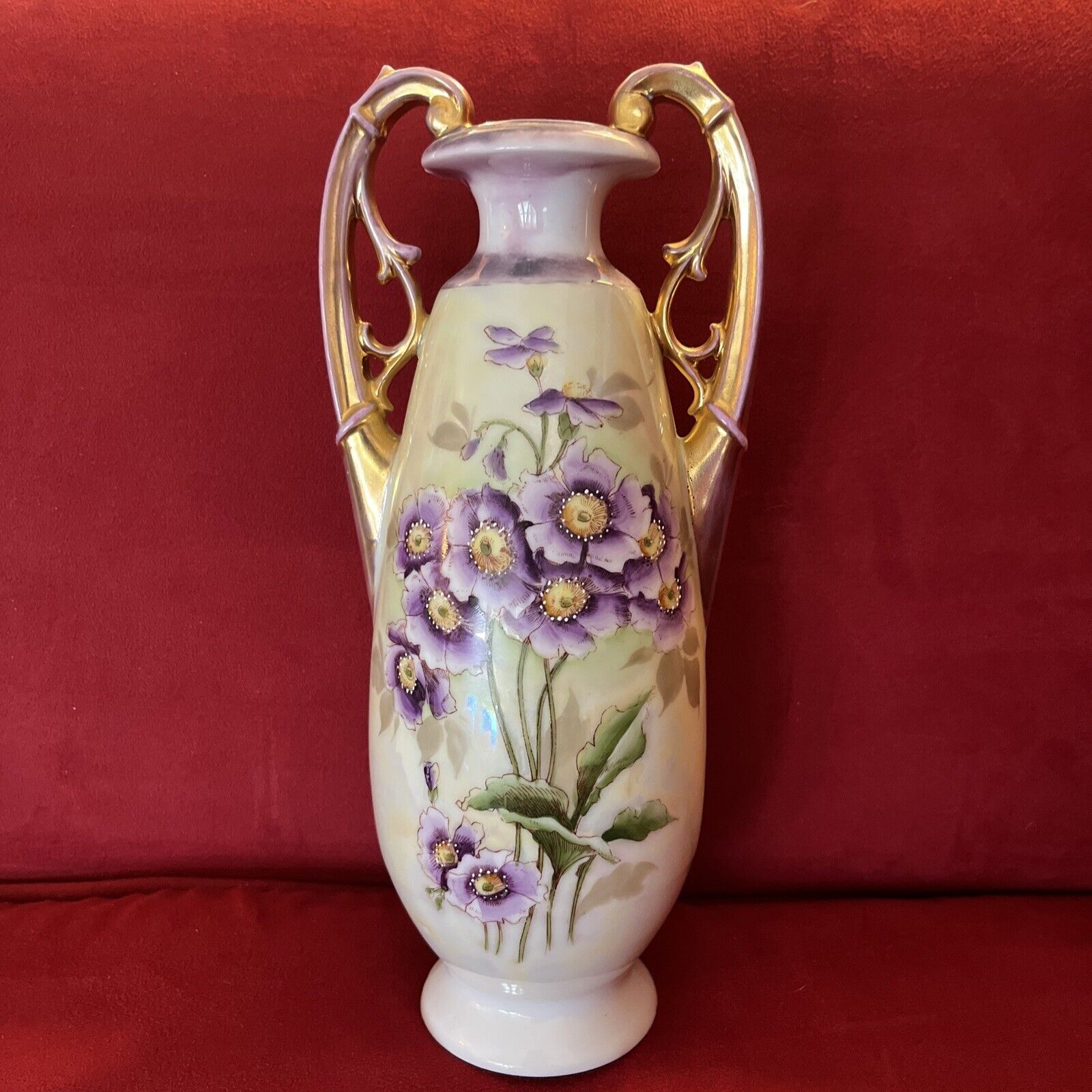 Antique Victoria Carlsbad Austria 10.5” Iridescent Double Handle Vase 1891-1918