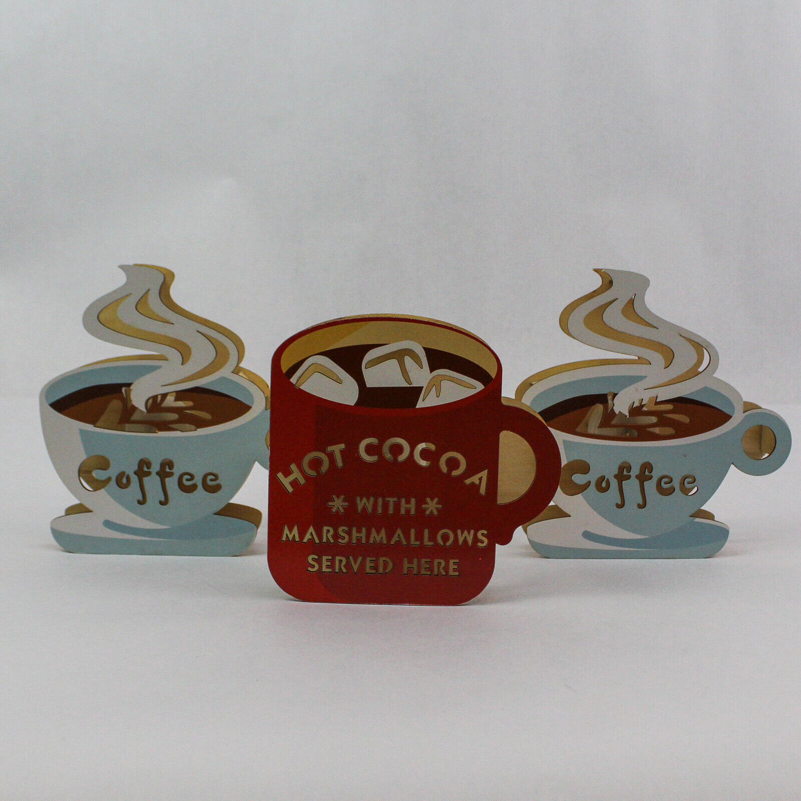Set of 4 Wooden 3D Cut Out Wall Hanging Hot Cocoa Served Here Coffee Home Decor