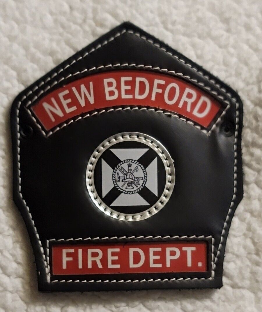 Vtg Leather Firefighter Helmet New Bedford Red & Black Silver 