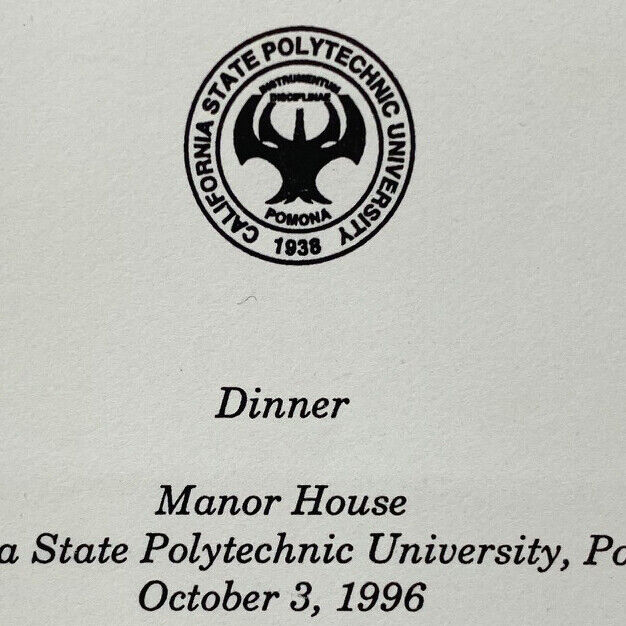 Vintage 1996 Cal Poly Pomona State University Manor House Dinner Menu California