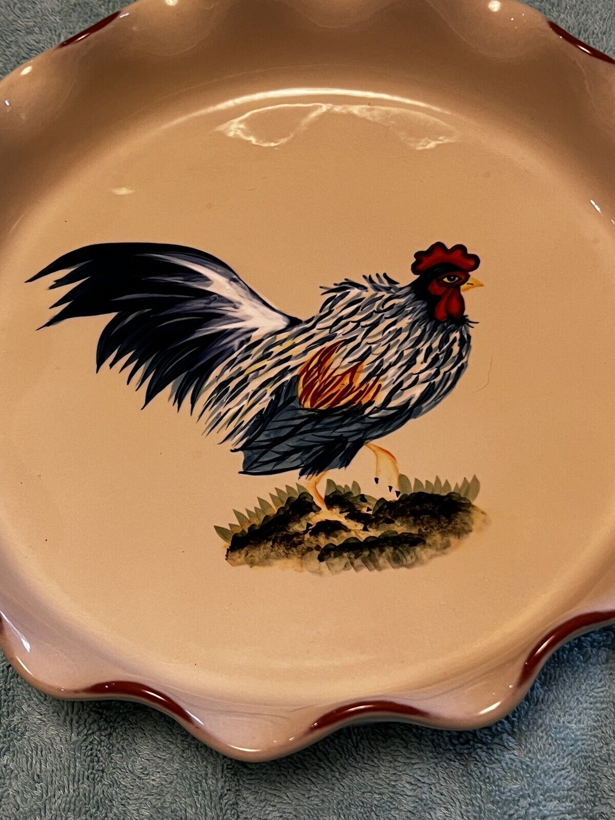 french pie plate 11” Scalloped Edges. Rooster Pattern.
