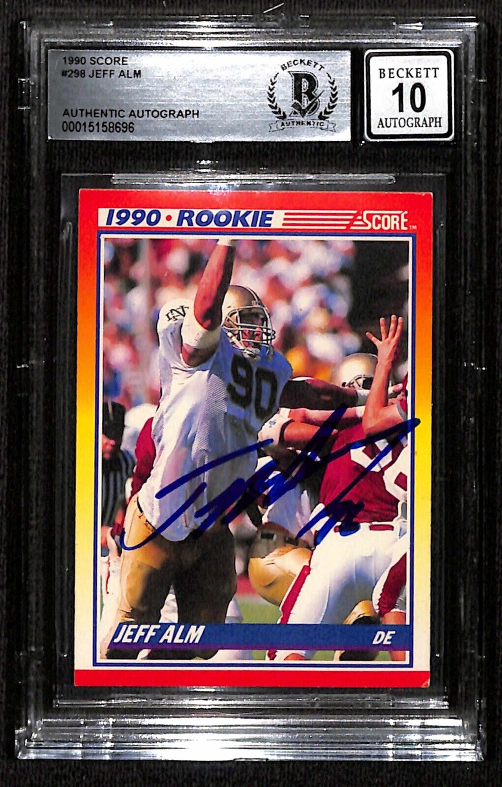 1990 Score Football #298 Jeff Alm Signed Autographed Rookie Card BECKETT Auto 10