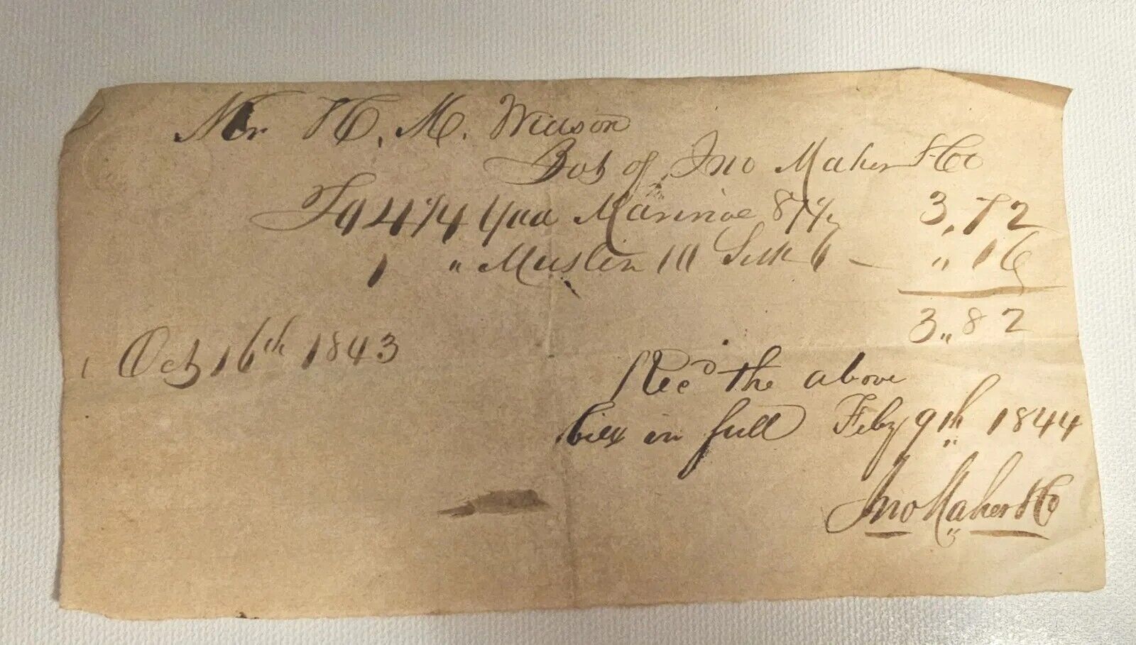 1844 Receipt  1843 Bill for Fabric Muslin Silk with Seal