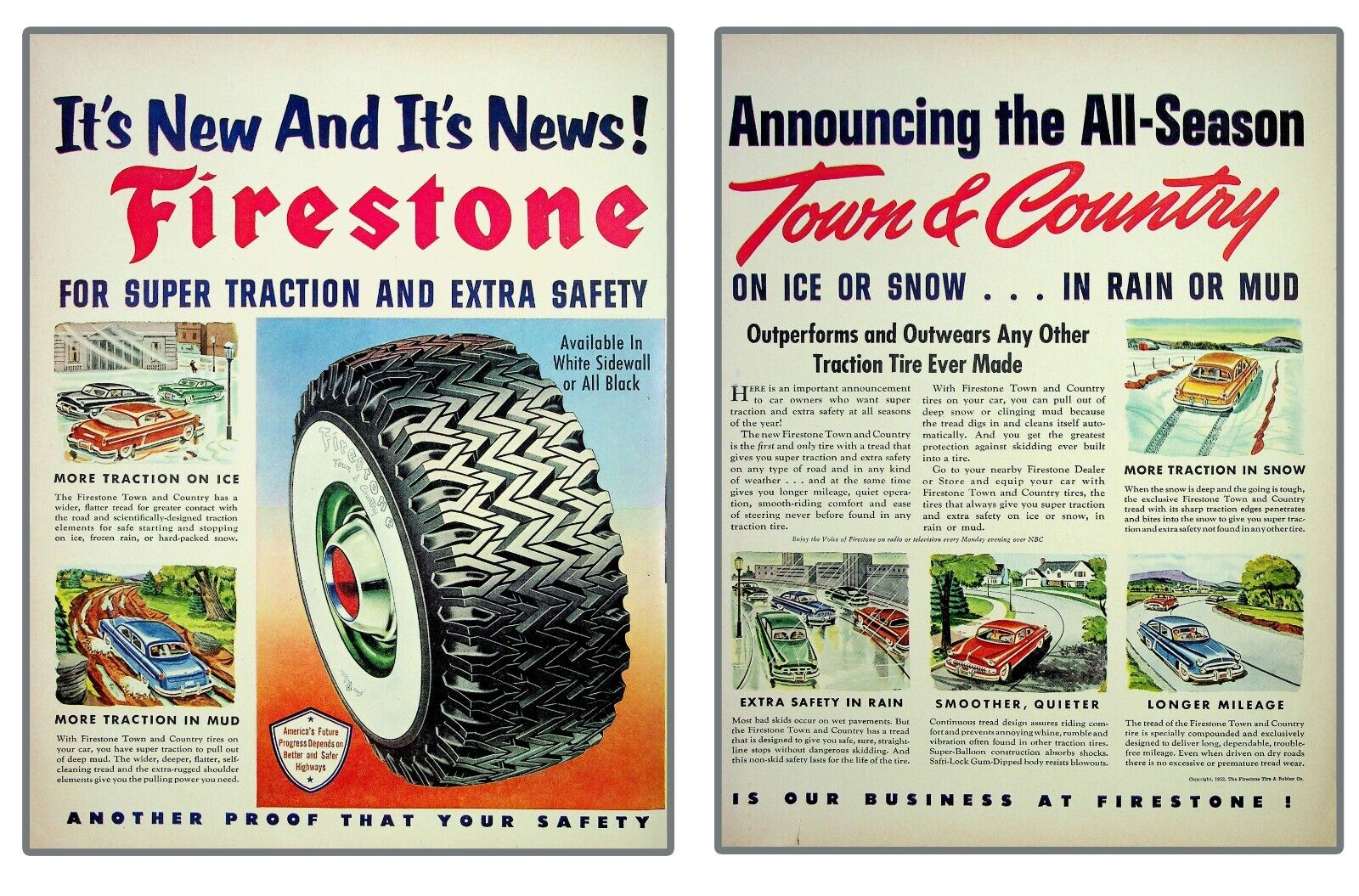 Firestone Town Country All Season Tires 1952 Vintage Print Ad 2 pg Old Cars