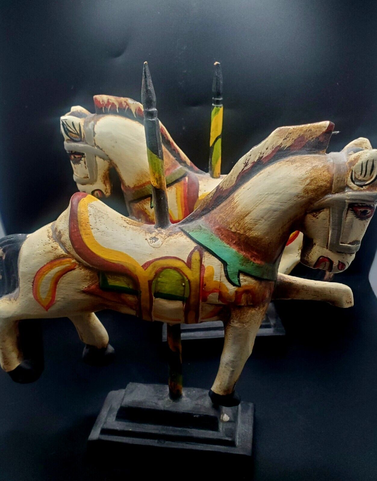PAIR OF CAROUSEL HORSES HAND CARVED OUT OF WOOD, INTRICATELY HAND PAINTED
