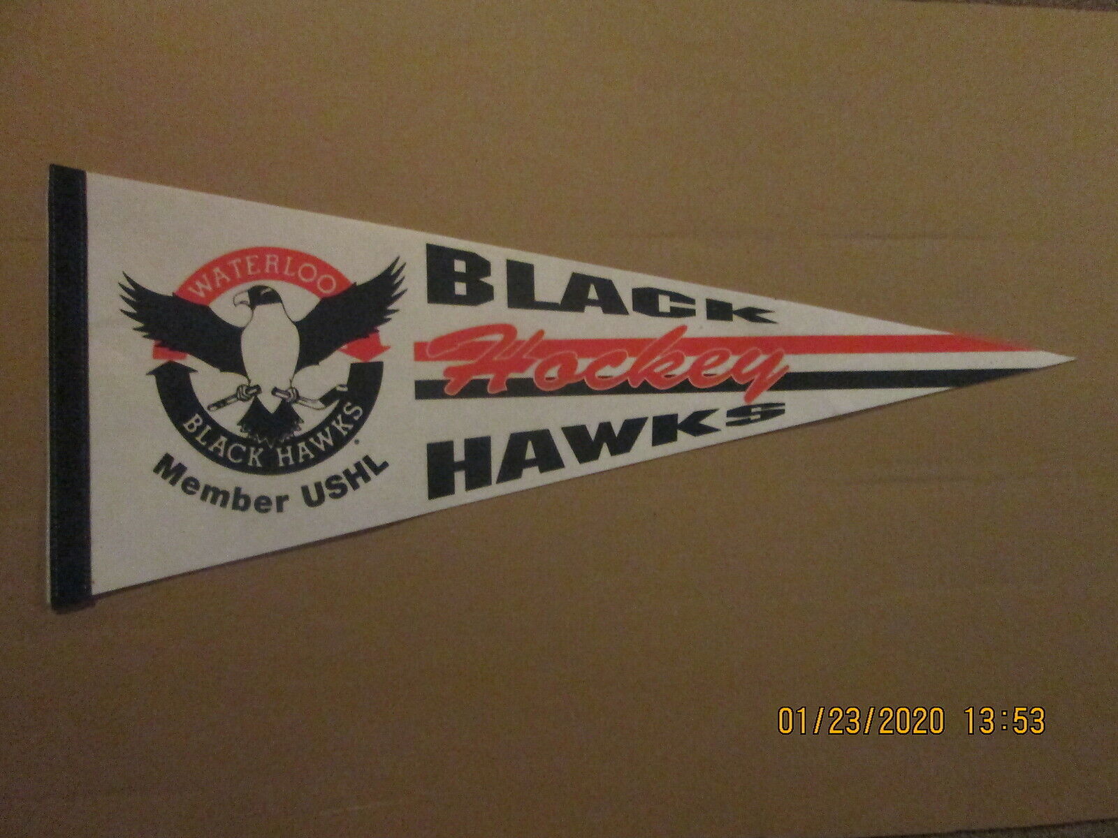 USHL Waterloo Black Hawks Hockey Vintage 1980\'s Team Logo Junior Hockey Pennant