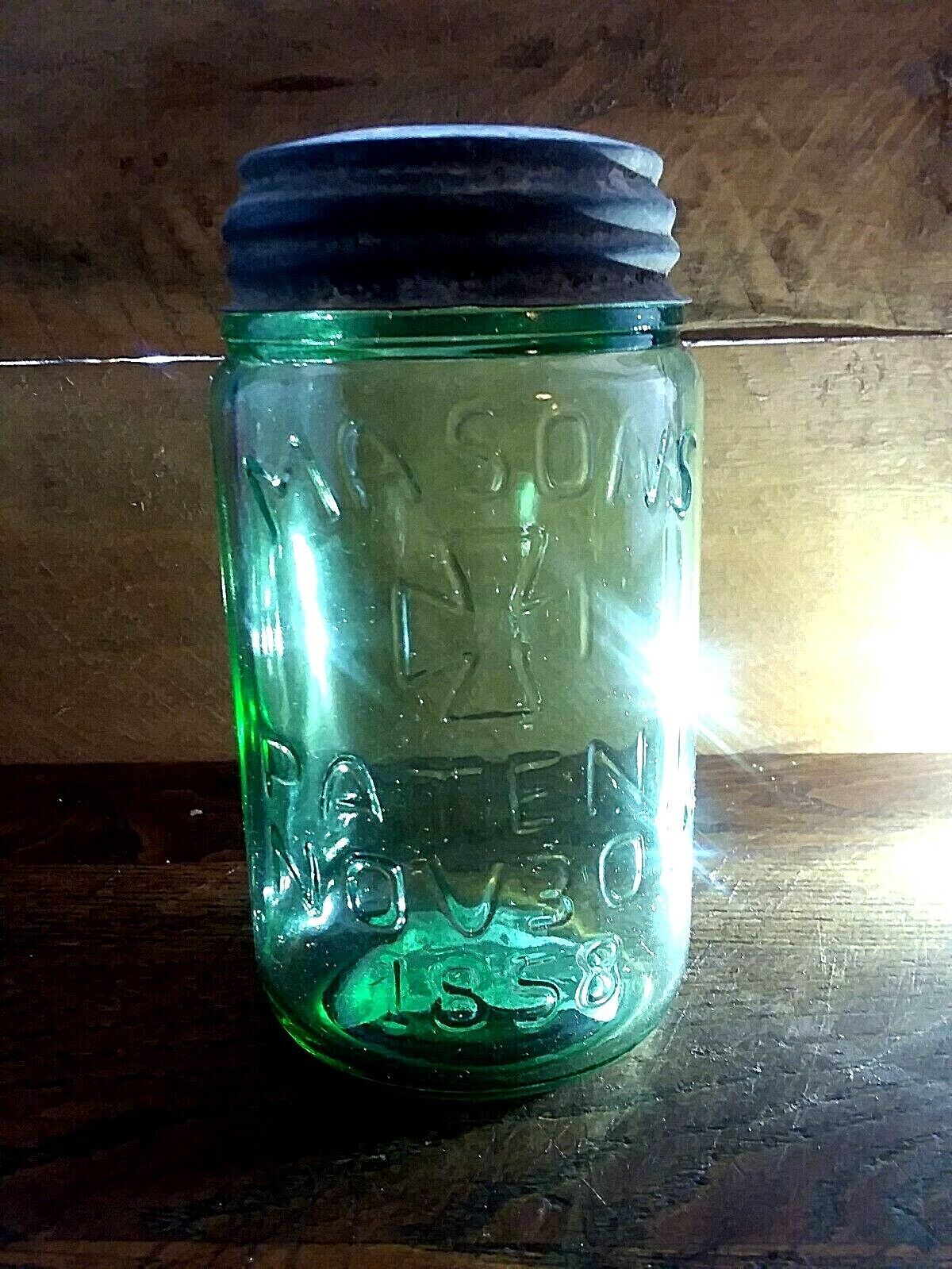 MASONS PATENT 1858 Jar Antique ZINC LID ~Apple Green~ Fruit ~ Reproduction PINT