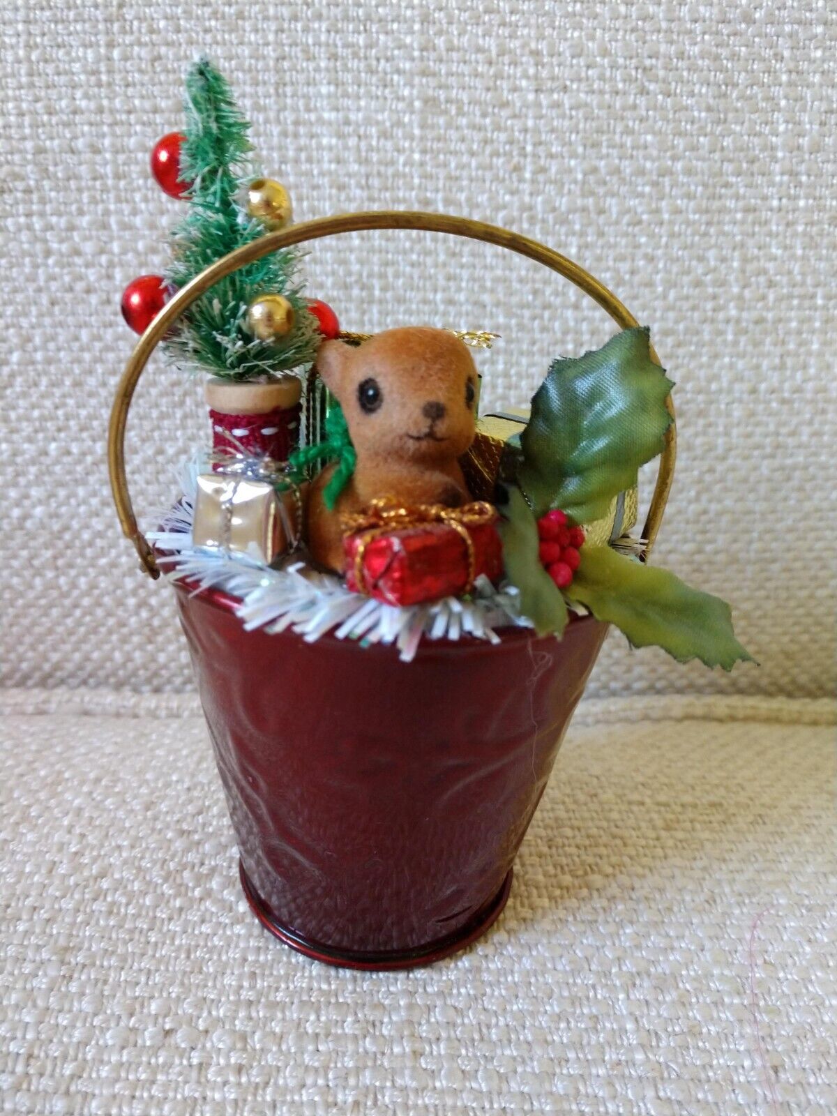 Vintage Inspired Christmas Ornament Assemblage Chipmunk Brush Tree Bucket