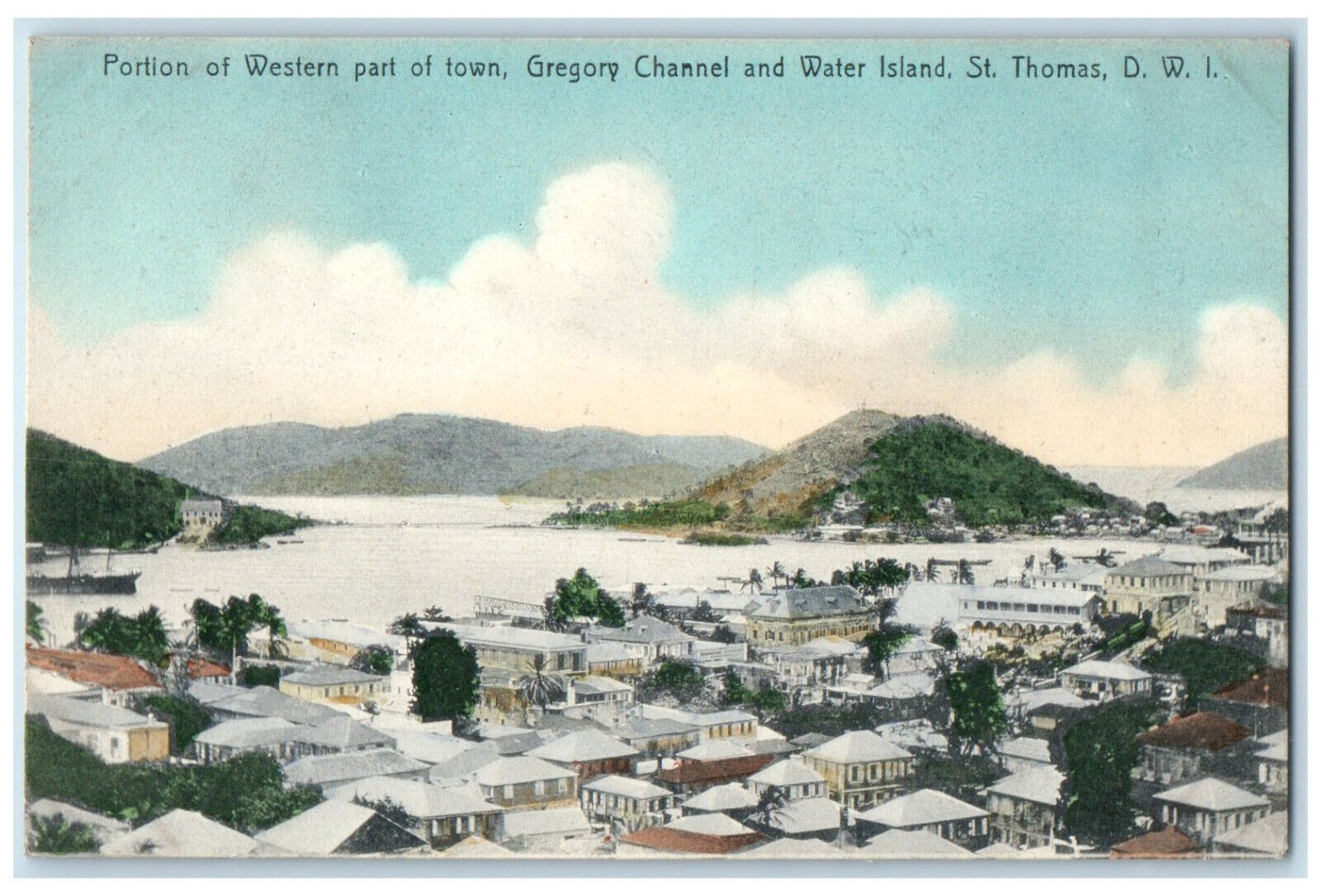 c1910 Portion of Western Part of Town Gregory Channel St. Thomas D.W.I. Postcard